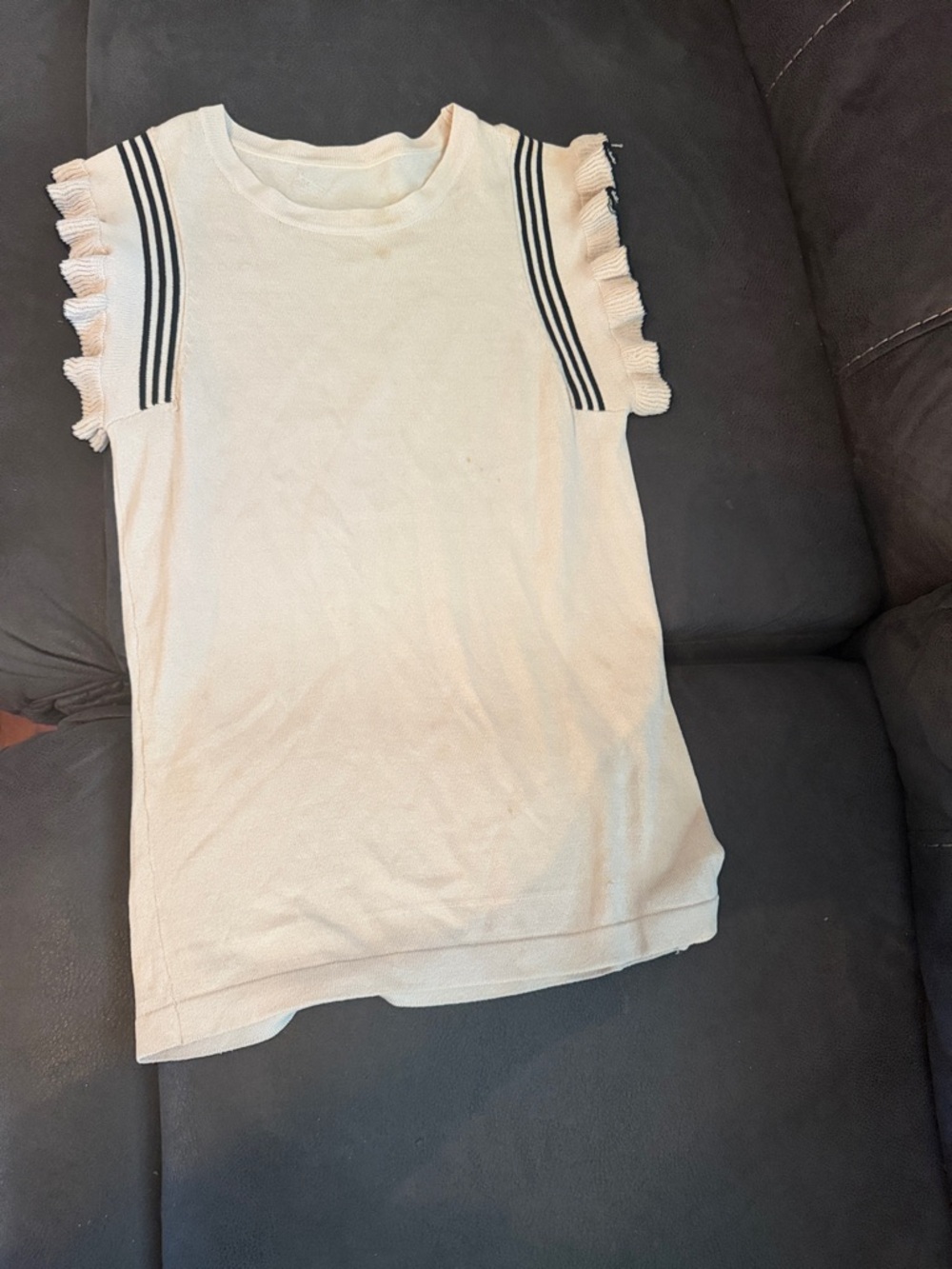 Sleeveless Cream Knit Top with Ruffled Trim and Navy Stripes